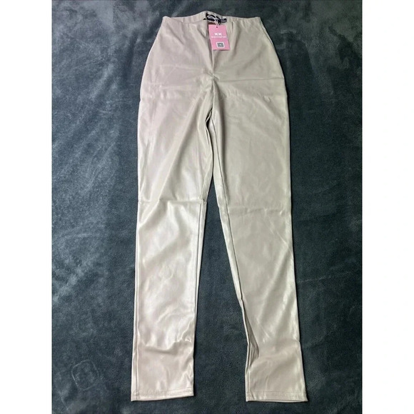 Missy Empire high waist leather look legging in ecru Stone Women’s Size US 8 New - Picture 5 of 16